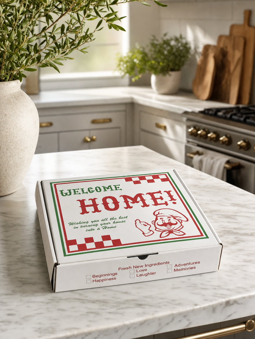 "Welcome Home" Pizza Box