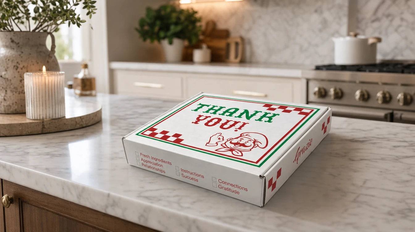 Welcome Home pizza gift box on a kitchen island